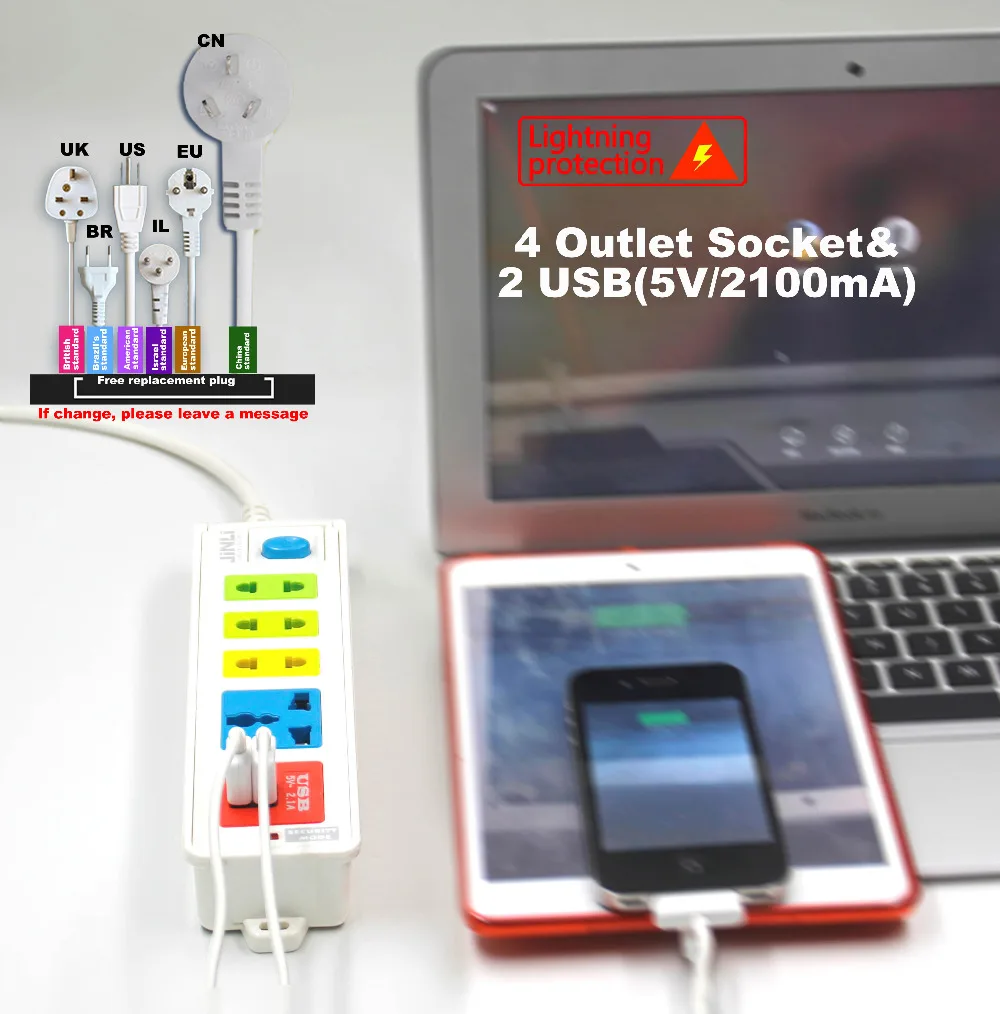 BR IL AU US UK EU plug Universal 4 Outlet Power Socket & 2 USB socket with Portable |