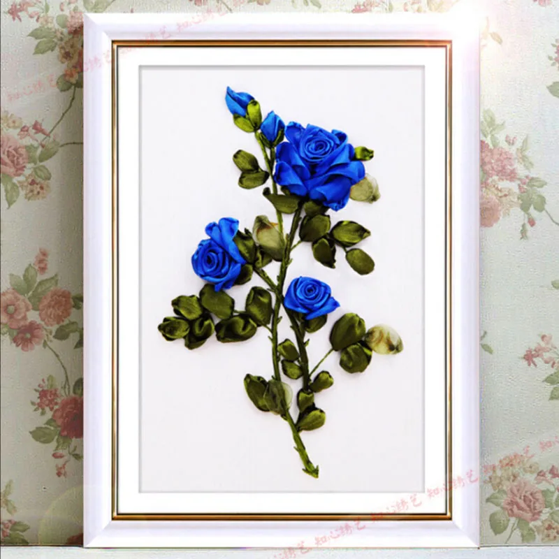 Ribbon embroidery paintings flower blue rose ribbon three-dimensional cross-stitch new arrival wedding kit | Дом и сад