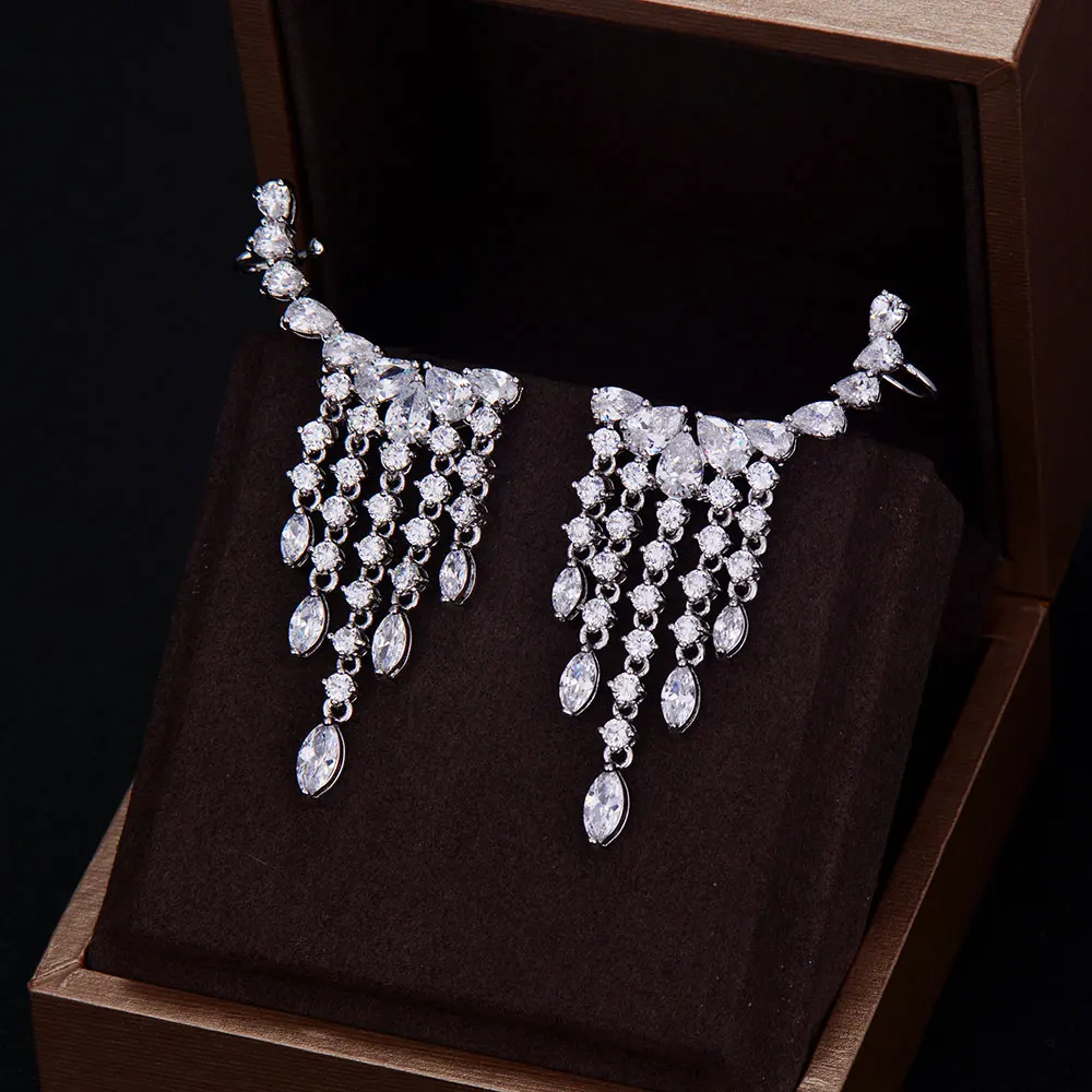 Женские серьги клипсы в форме капли воды с фианитом|wedding earrings for women|wedding drop
