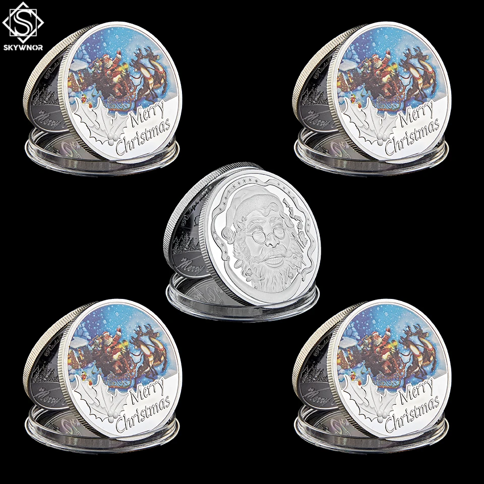 

5PCS 2021 Merry Christmas Santa Claus Fine Silver Father Christmas Coin Snowman & Elk Gift