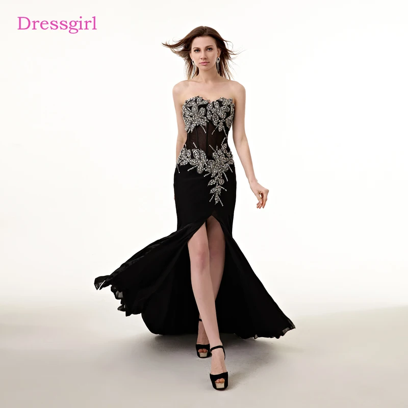 

Black Evening Dresses Mermaid Sweetheart Chiffon Embroidery Crystals Slit Long Evening Gown Prom Dress Robe De Soiree