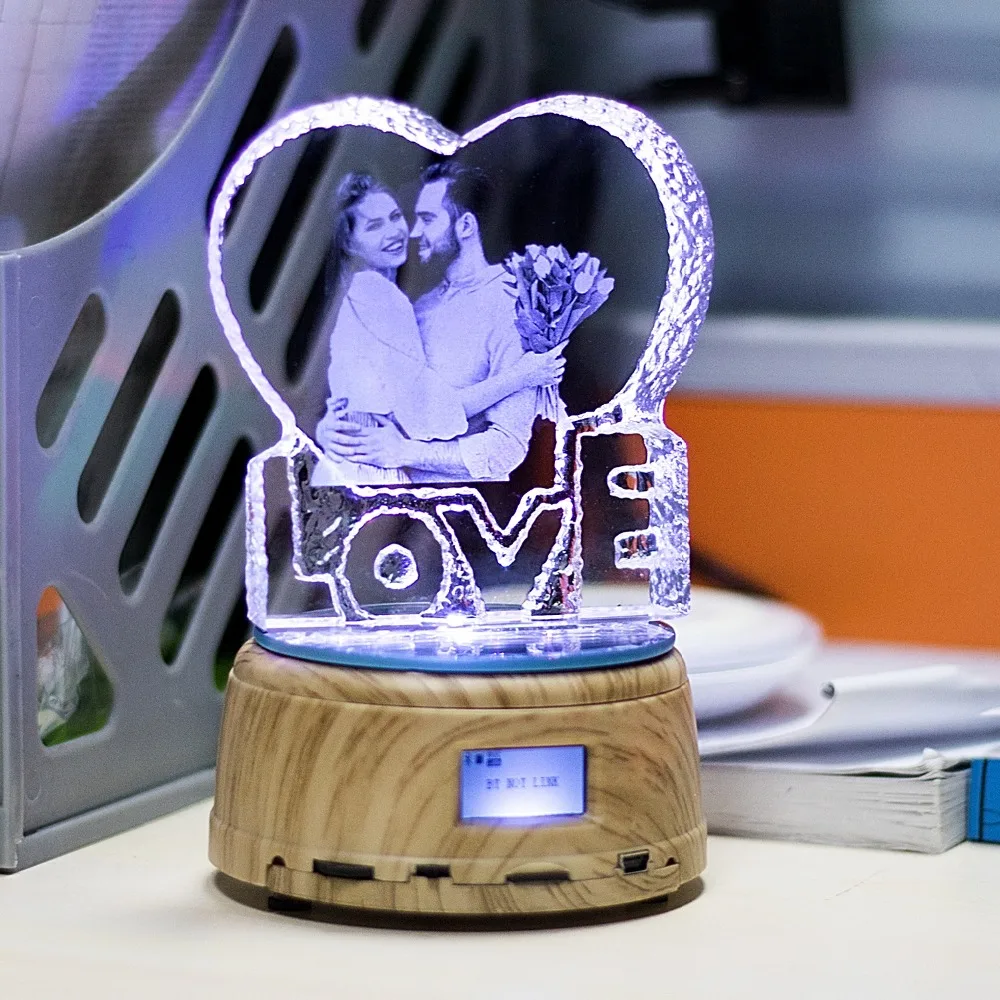 Пользовательские фото подарок светодиодный фоторамка RGB огни Кристалл MP4 Bluetooth музыкальная шкатулка альбом RGB вращающиеся украшения вращающаяся подставка