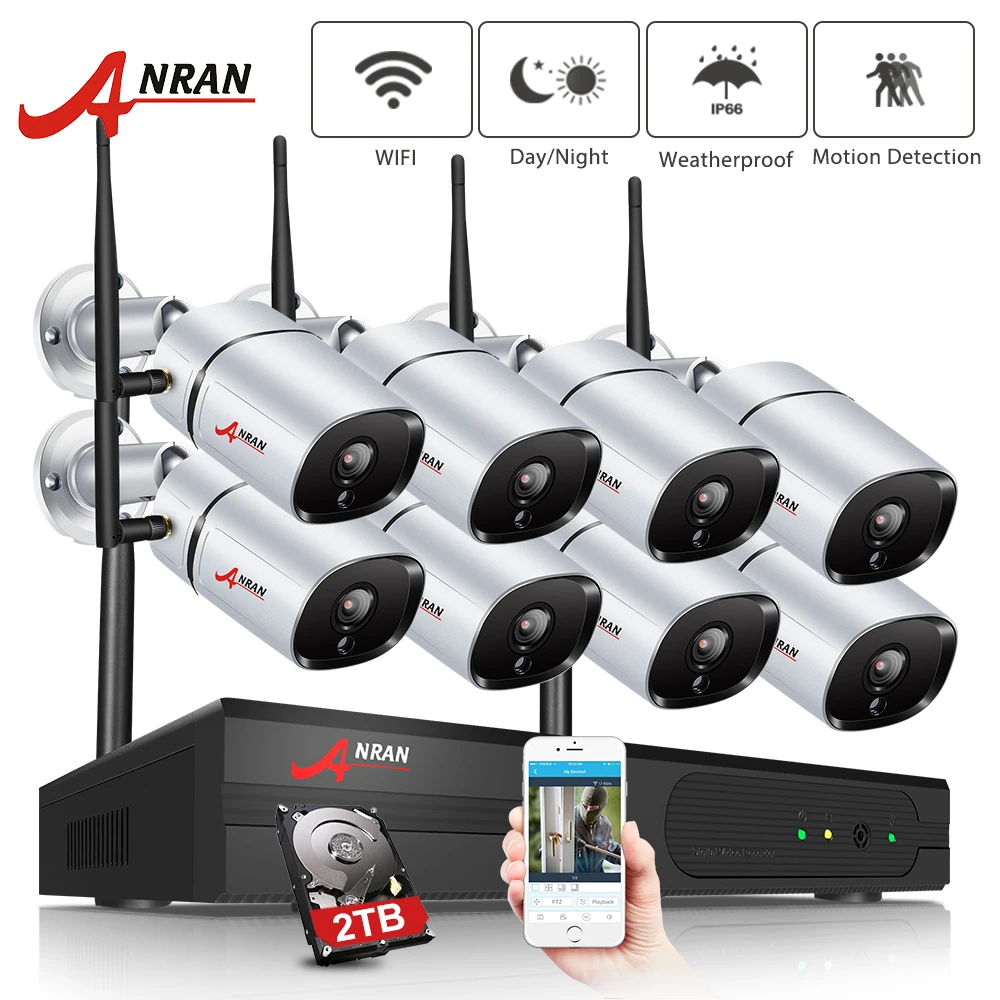 ANRAN 2MP безопасности Камера Системы Беспроводной 8-канальный сетевой видеорегистратор NVR Kit Беспроводной система камер домашней безопасности 1080P внутреннего и наружного применения IP Камера