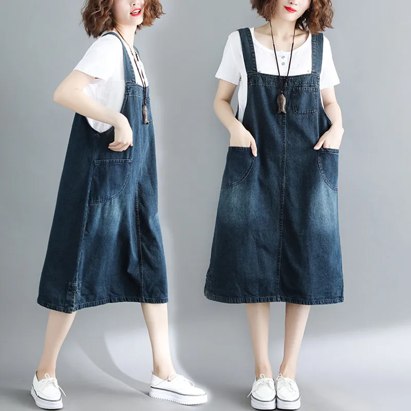 Casual Sleeveless Strap Jeans Dress Women Front Pocket Slit Literary Vintage Plus Size Suspender Denim Sundress Overalls Dresses | Женская