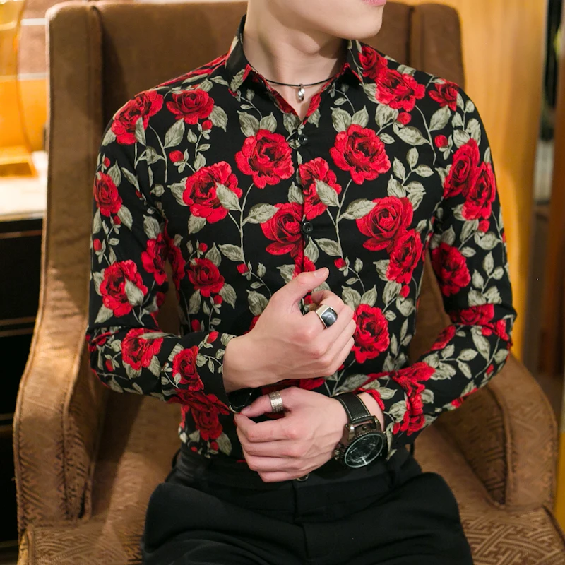 Мужская приталенная рубашка с цветочным принтом длинным рукавом|men flower shirt|floral shirt
