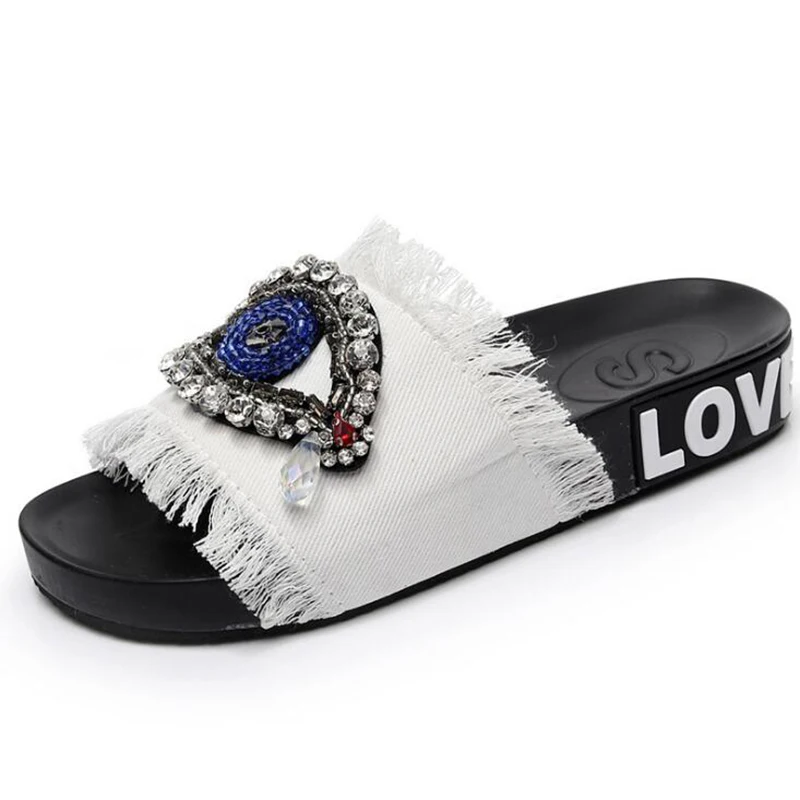 Denim Women Casual Summer Flat Beach Slippers Female Crystal  Slides Shoes Women Sandals Fashion Ladies Flip Flops Footwear b195