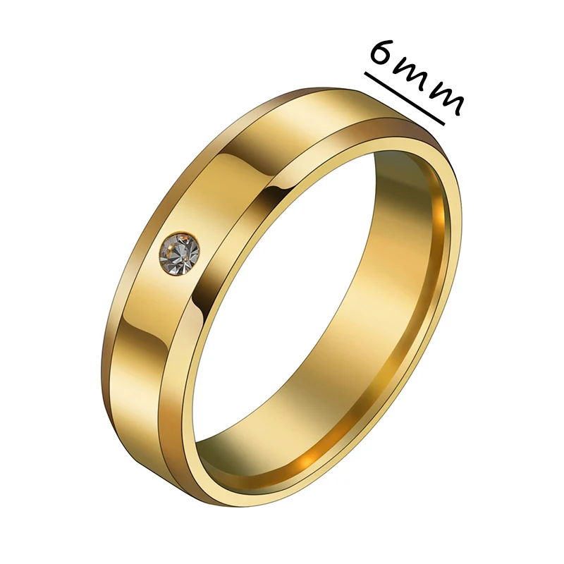 gold 6mm Простые Кольца для пар из нержавеющей стали с фианитом, высокое качество золота, свадебные вечерние кольца, подарки на годовщину, Прямая поставка - Цвет основного камня: gold 6mm