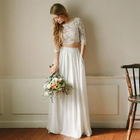 elegant two piece ivory wedding gowns slash neck 34 long sleeves lace crop top satin floor length women dresses with pockets