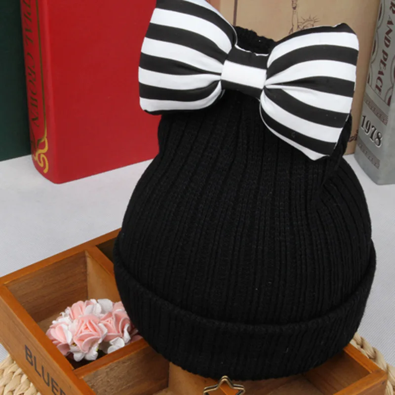 DreamShining Baby Hat Cute Striped Bow Kids Woolen Children Winter Warm Crochet Knitted Cap Girls Photography Headwear Caps | Детская