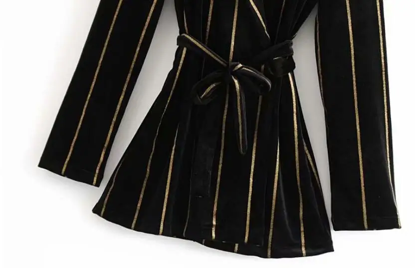 2019 полосатый принт основной велюр прилив лук пояса пальто Винтаж для женщин Turn-Down