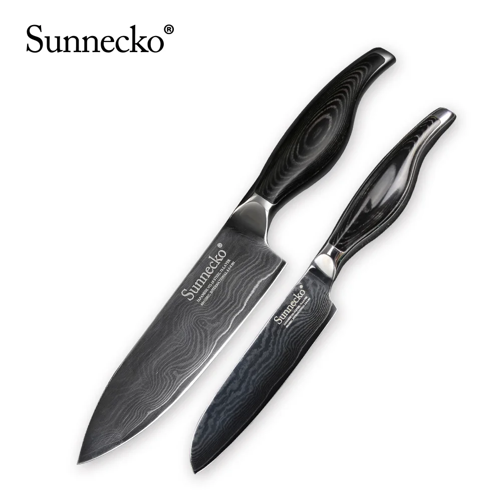Sunnecko 8 шт. набор ножей из дамасской стали Подарочная коробка набор кухонных ножей для шеф-повара домашний хлеб Santoku для очистки овощей Кливер слайсер с деревянной ручкой - Цвет: 2pcs Knife Set E