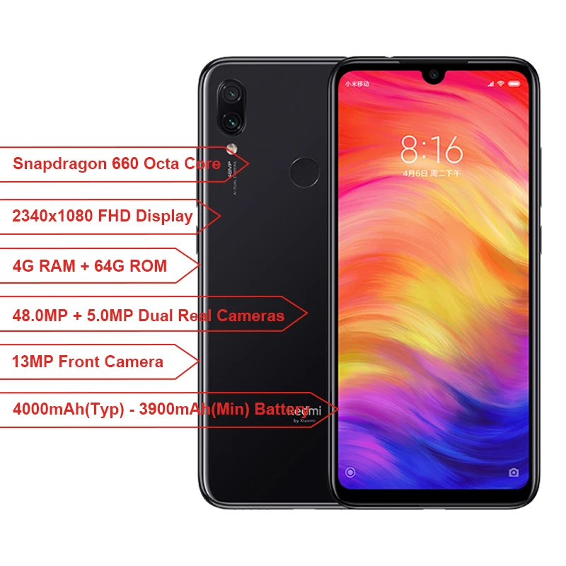 Глобальная версия Xiaomi Redmi Note 7 4 ГБ ОЗУ 64 Гб ПЗУ мобильный телефон Snapdragon 660