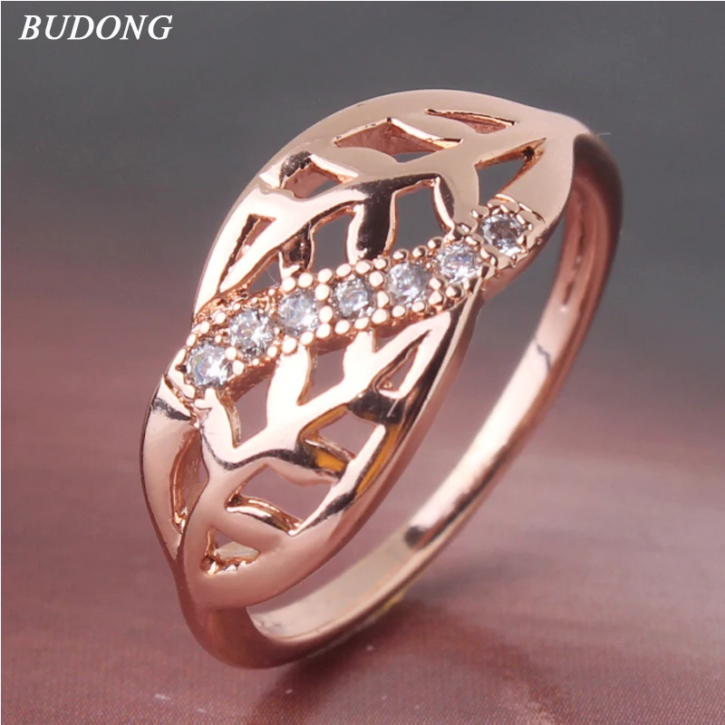 BUDONG Trendy Rings Rose Gold Color Wedding for Women Cubic Zirconia CZ Vintage Lady Party Jewelry Bijoux XUA090 | Украшения и