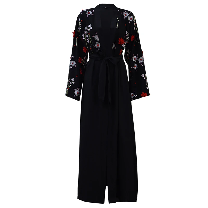 Black Abaya Дубай сетки цветочные кимоно кардиган мусульманский хиджаб платье Caftan Jilbab Robe abaya s женский Восточный халат турецкая исламская одежда - Цвет: Black