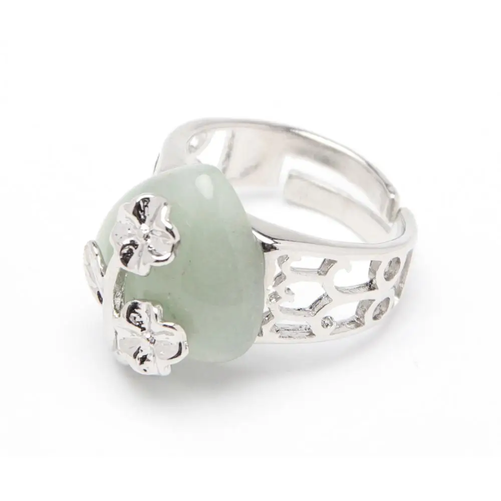 green aventurine Свадебная вечеринка серебряный цвет выдолбленный цветок Сердце регулируемое кольцо натуральный кварц Лазурит Опал Камень Аметист Середина кольца - Цвет основного камня: green aventurine
