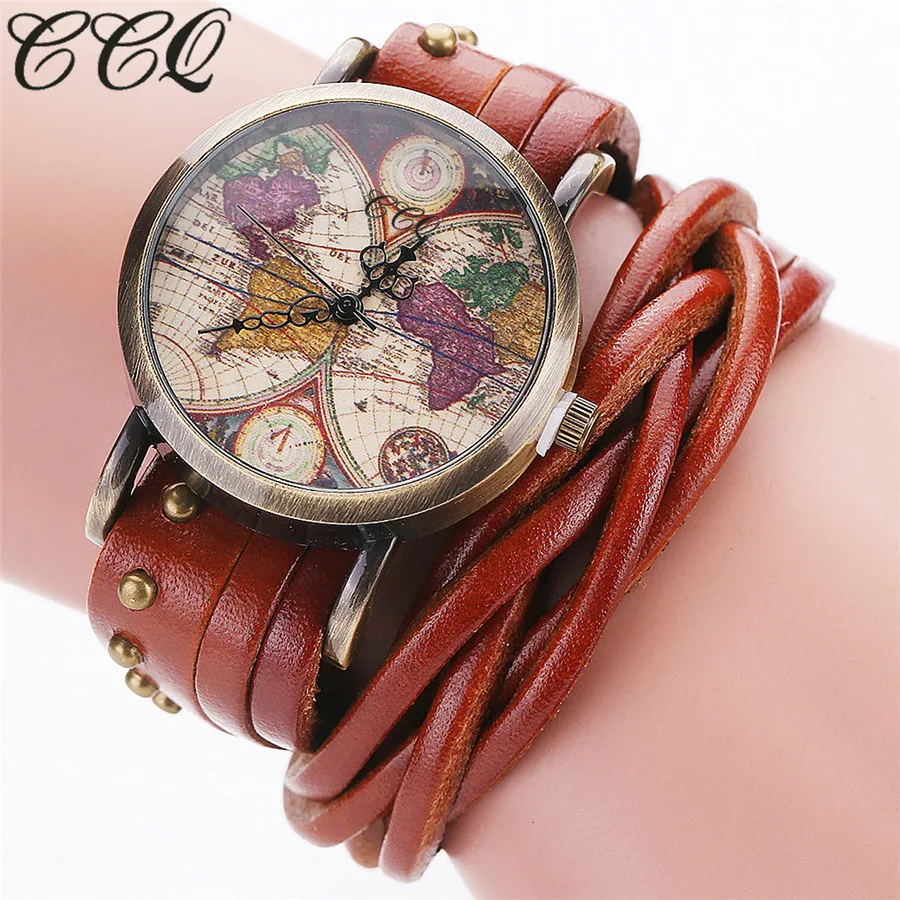 CCQ Марка Мода Урожай Ретро Заклепки Плетеный Натуральная Кожа Карта Мира Часы