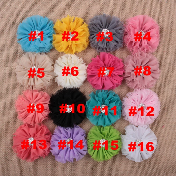 Fashion 7cm 16colors Artificial Frayed Chiffon Flower With Rhinestone Button Fluffy Fabric Flowers For DIY Baby Headbands |