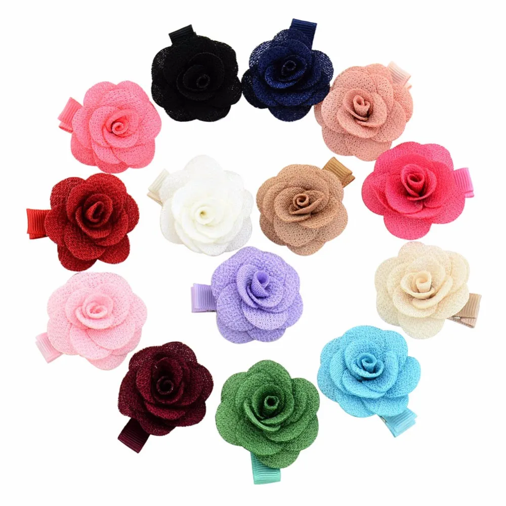 

New 14pcs/Lot 14 Colors 3.5cm Solid Ribbon Handmade Flowers With Clip Girl Hairpins Hair Accessories 803