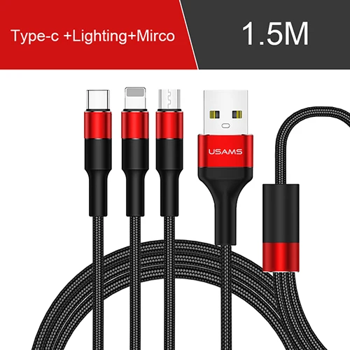 1.5m red 3 in 1 USAMS 3 в 1 USB кабель type C кабель для samsung s9 plus Micro usb кабель для зарядки для iPhone X 8 7 6s Plus 5 5S SE 5c C кабель - Цвет: 1.5m red 3 in 1