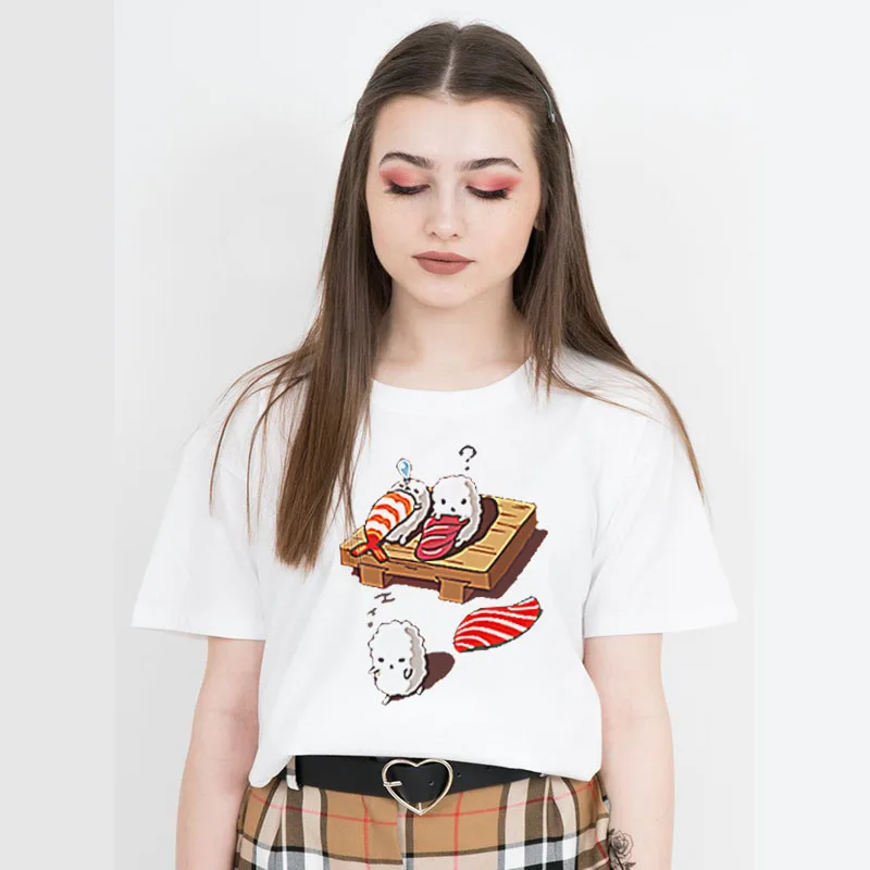 

2019 T Shirts Funny Tee Shirt Male Short Sleeve female Japanese sushi cute print kawaii sleep sushi Shirt Cropped Snake Print