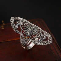 luxury 100 genuine 925 sterling silver rings for women retro vintage marcasite s925 silver adjustable open ring jewelry
