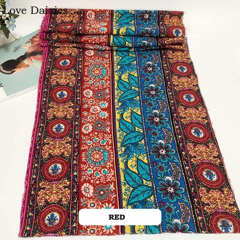 Хлопковая/льняная ткань в этническом стиле с красными синими листьями и