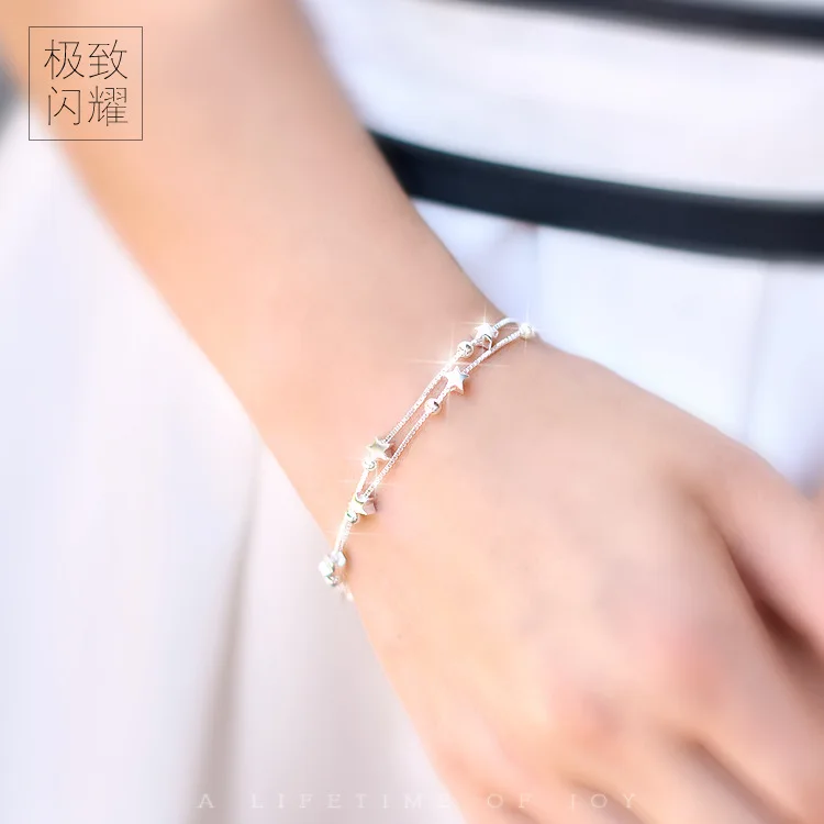 

Women's 100% Real. 925 Sterling Silver Jewelry Double rows Layers Star & Lucky Beads chain Bracelet Jewelry adjustable LS129