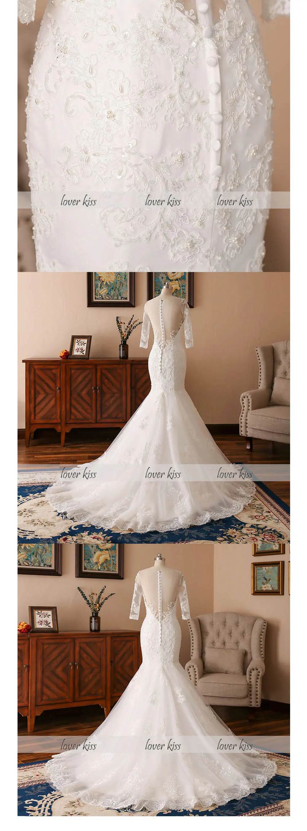 Lover Kiss vestido de noiva Русалка 3/4 рукава свадебное платье Тюль натуральный жемчуг кружево пляжные свадебные платья для невесты пикантные