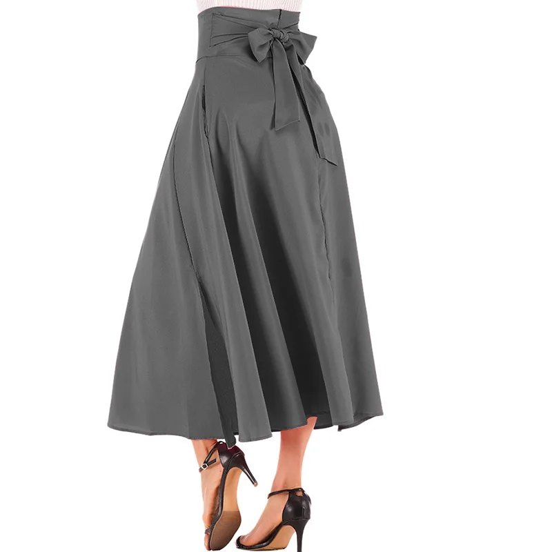 Dark Grey Aonibeier/юбка с широким поясом на молнии сзади; модная Однотонная юбка макси с высокой талией; юбка трапециевидной формы с двойным карманом на шнуровке - Цвет: Dark Grey