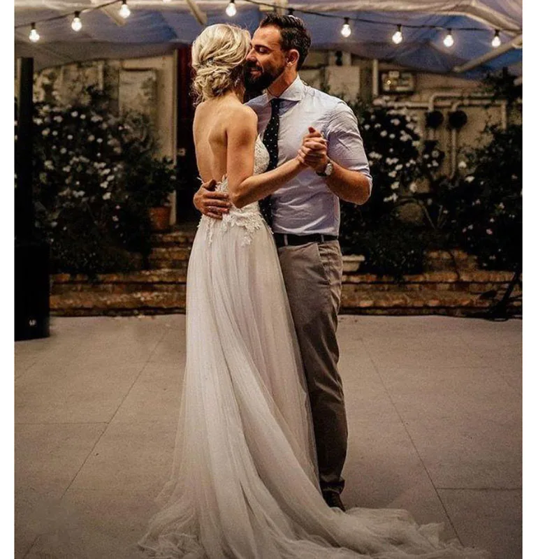 

Eightale Spaghetti Strap Wedding Dress Beach Appliques Tulle Open Back Boho Bride Dress Custom Made Wedding Gown Free Shipping