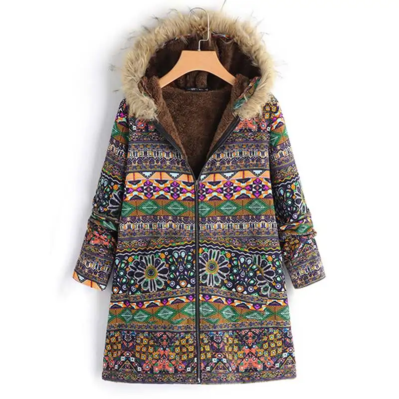 Women's jackets Winter Fleece Hooded Coat Ethnic Printed Faux Fur Outwear Female Casual Long Sleeve Coat Plus Size Overcoats 5XL