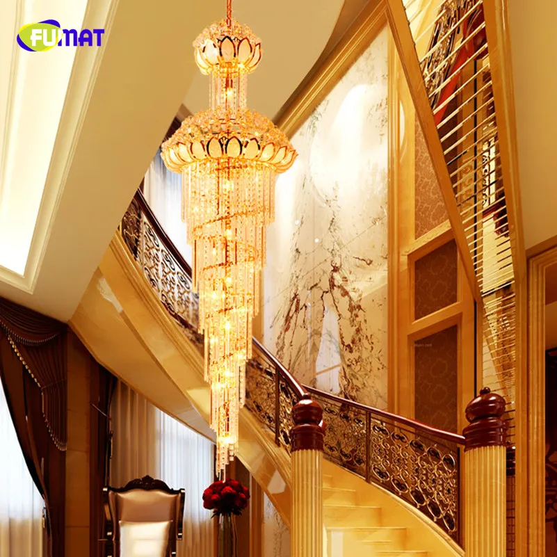 

FUMAT Gold Long Lotu Hollow Creative Crystal K9 Stainless Steel LED Pendant Lighting Modern Luxury Lustres Rotates Stairs Lamp