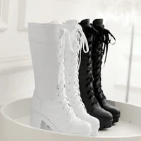 fashion lolita shoes high heel student shoes cosplay block mid calf long boots women shoes