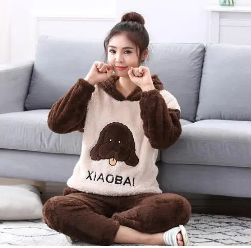 

Women Pajamas Coral fleece sleepwear female autumn winter with hood lengthen thickening version plus velvet sweet lounge set