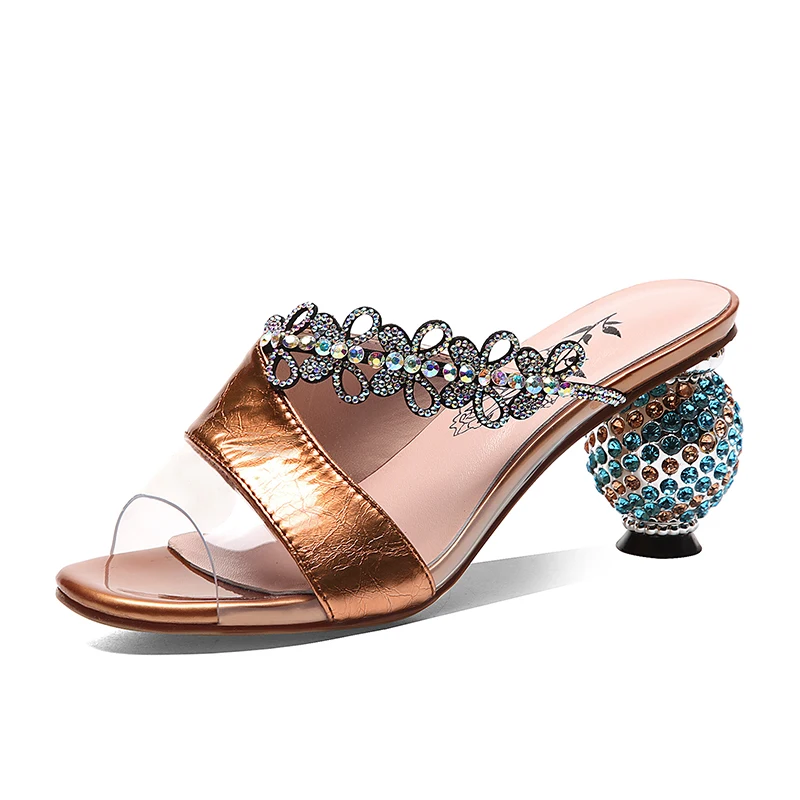 

2019 Summer Women's Casual Shoes On Sale Diamond Slippers Gold Purple High Heel Sandals Wedding Genuine leather Women slippers