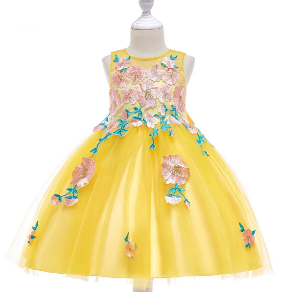 

girl dresses casual solid embroidery flowers mesh kids girl dress sashes o-neck sleeveless ball gown girls dress 4 6 8 10 12 y