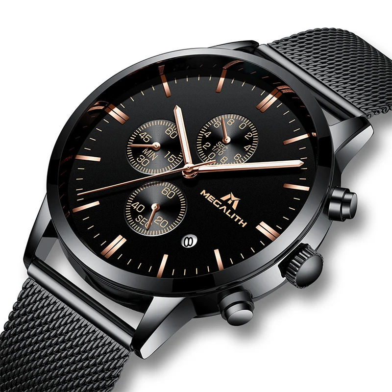 MEGALITH Модные Роскошные мужские часы черный стальной сетчатый ремешок кварцевые