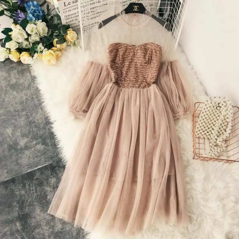 Платье женское кружевное с рукавом пузырьком|Женские платья| |