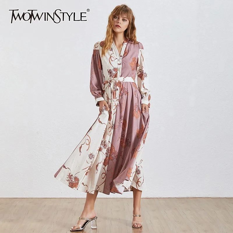TWOTWINSTYLE Summer Print Dress Female V Neck Lantern Sleeve Bandage Bow Asymmetrical Dresses Women Fashion New Bohemian Style | Женская