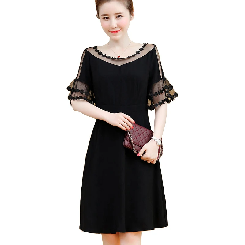 New Summer Big Size Dresses Women Mesh Lace Pathwork Short Flare Sleeve Black Dress Plus 2xl 3xl 4xl 5xl Vestidos De Festa | Женская