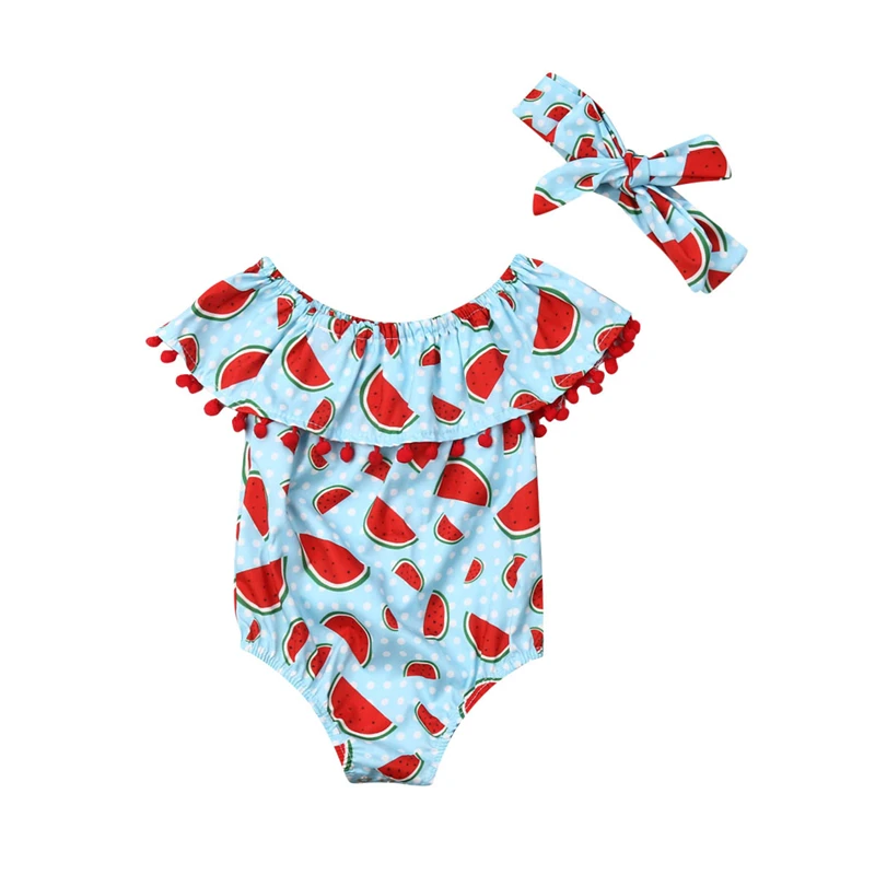 

Newborn Baby Girl Tassels Off Shoulder Bodysuit Playsuit Sunsuit Toddler Kids Summer Floral Jumpsuit Bodysuits Headband Outfits