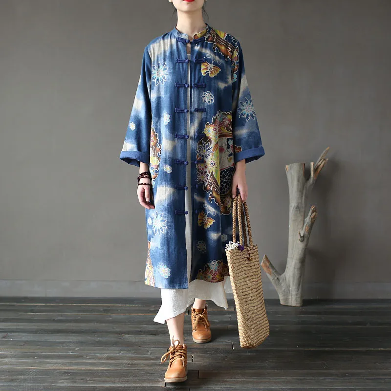 

Пальто для женщин из хлопка и льна, винтажное длинное пальто с пряжкой, Женское зимнее Свободное пальто большого размера с цветочным принто...