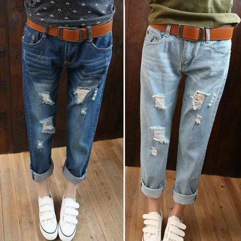 2017 на лето и весну Для женщин Джинсы для Ripped Проблемные до середины икры Длина