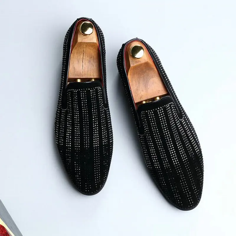 Male Pointed toe flats Driving Shoes Loafers Fashion Men dress shoes Rhinestone Black Party Wedding big size 47 LM-70Z | Обувь