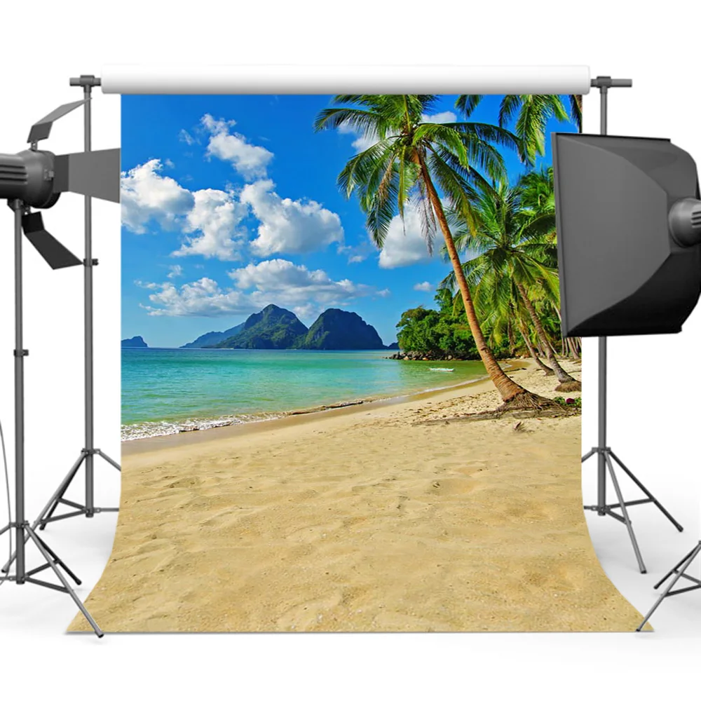 

Summer Cocount Tree Background Island Forest Blue Sky Sea Sandy Beach Photography Backdrop S-572