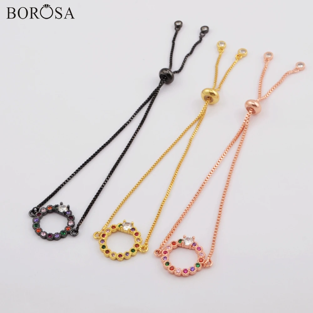 

BOROSA Charm Bracelet Jewelry 10/20PCS Round Rainbow CZ Micro Pave Connectors 10inch Chain Adjustable Bracelet WX1144-B