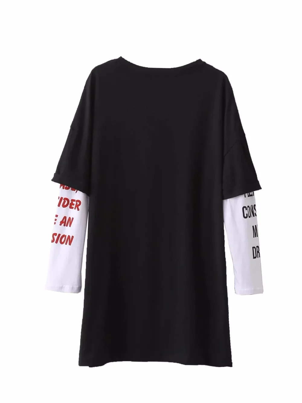 Зима Поддельные из двух частей Футболка Платье Женщины Марка Карманы О шея