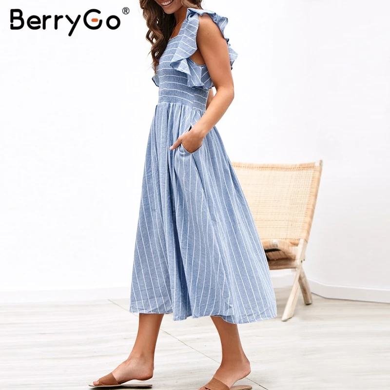 BerryGo полосатые женские платья, длинное платье с рюшами из льна и хлопка, летние платья в винтажном стиле, праздничные женские пляжные платья, модные