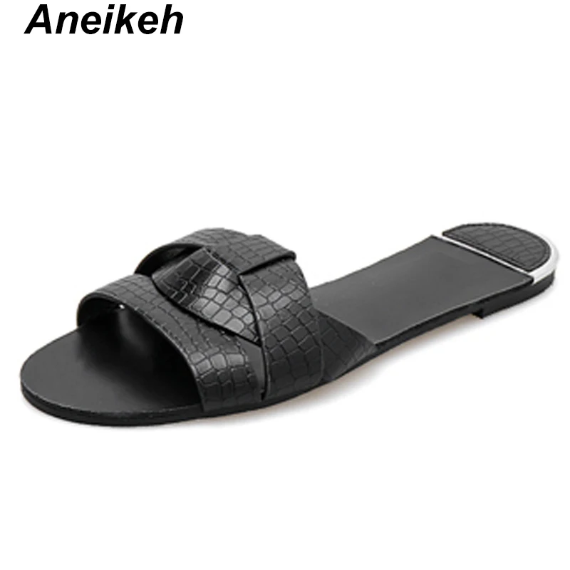 Black Aneikeh/ г. Модные женские пляжные балетки на плоской подошве для отдыха пикантные женские туфли из PU искусственной кожи с круглым носком женские шлепанцы для улицы, Размеры 35-39 - Цвет: Black