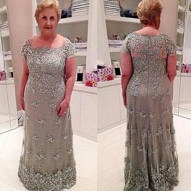 

Elegant Mermaid Gray Lace Mother Of The Bride Dresses 2019 Short Sleeves Illusion Back Appliques Prom Dresses Long Party Gown